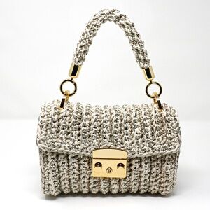 Crocheted Satin Handmade Handbag by MiuMiu Unique Silver and White